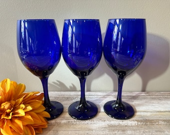 Libbey - Premiere - Cobalt Blue - Tall Water/Wine Goblet - Set of 3 - 8 1/4" Tall - Beautiful!