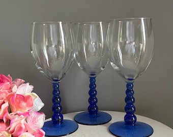 Cobalt Blue Beaded - Water/Wine Goblet - Set of 3 - 8 1/4" Tall - 12 oz.