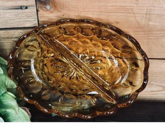 Vintage Amber Fairfield Small Diagonal Divided Oval Relish/Candy Dish