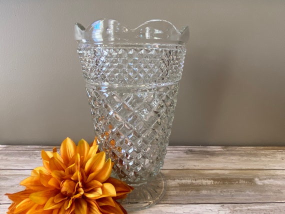 Vintage Pressed Glass Footed Bud Vase with Diamond Pattern Vintage Pressed Glass Footed Bud Vase with Diamond Pattern