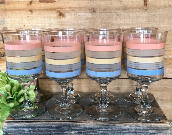 Vintage Pastel Striped Stemmed Water/wine Glasses Set of 8 