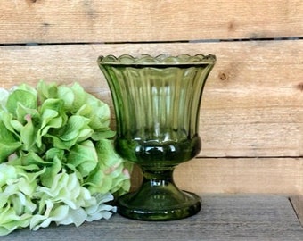 2 Available - Vintage Green Glass Vase - Round Pedestal - Scalloped Edges - Sold Separately