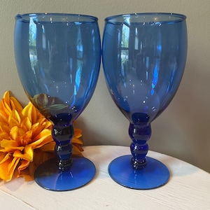 Cobalt Blue - Stemmed Water Goblet - Set of 2 - Unmarked - 7&quot; Tall - 16 oz.