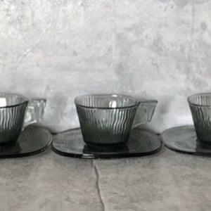 Vintage Smoked Glass Mod Cups and Saucers - Set of 3