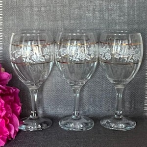 Pasabahce - Circle Art of Glass Wine Glasses - White Roses/Swirl/Gold Band - Set of 3