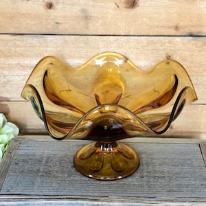 Viking Glass Epic Line Amber 6 Petal Pedestal Bowl Center Piece Compote