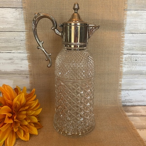 Vintage - Diamond Cut Crystal - Silver Plated - Water or Wine Decanter with Hinged Lid - 13&quot; Tall