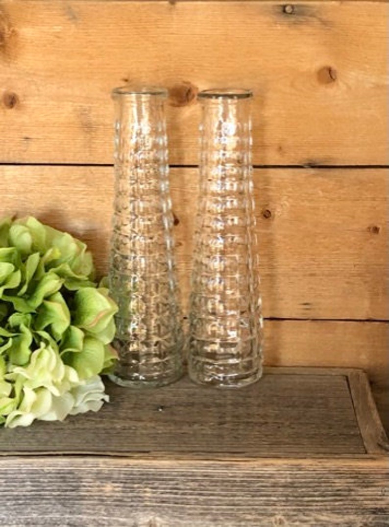 Set of 2 Waffle Square Pattern Vintage E O Brody Clear Glass Bud Vase