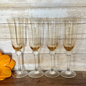 3 Available - Tall Clear Stem-Amber/Gold Bowl - Tulip Rim Champagne Flutes -  9 3/4" Tall - 8oz. - Sold Individually