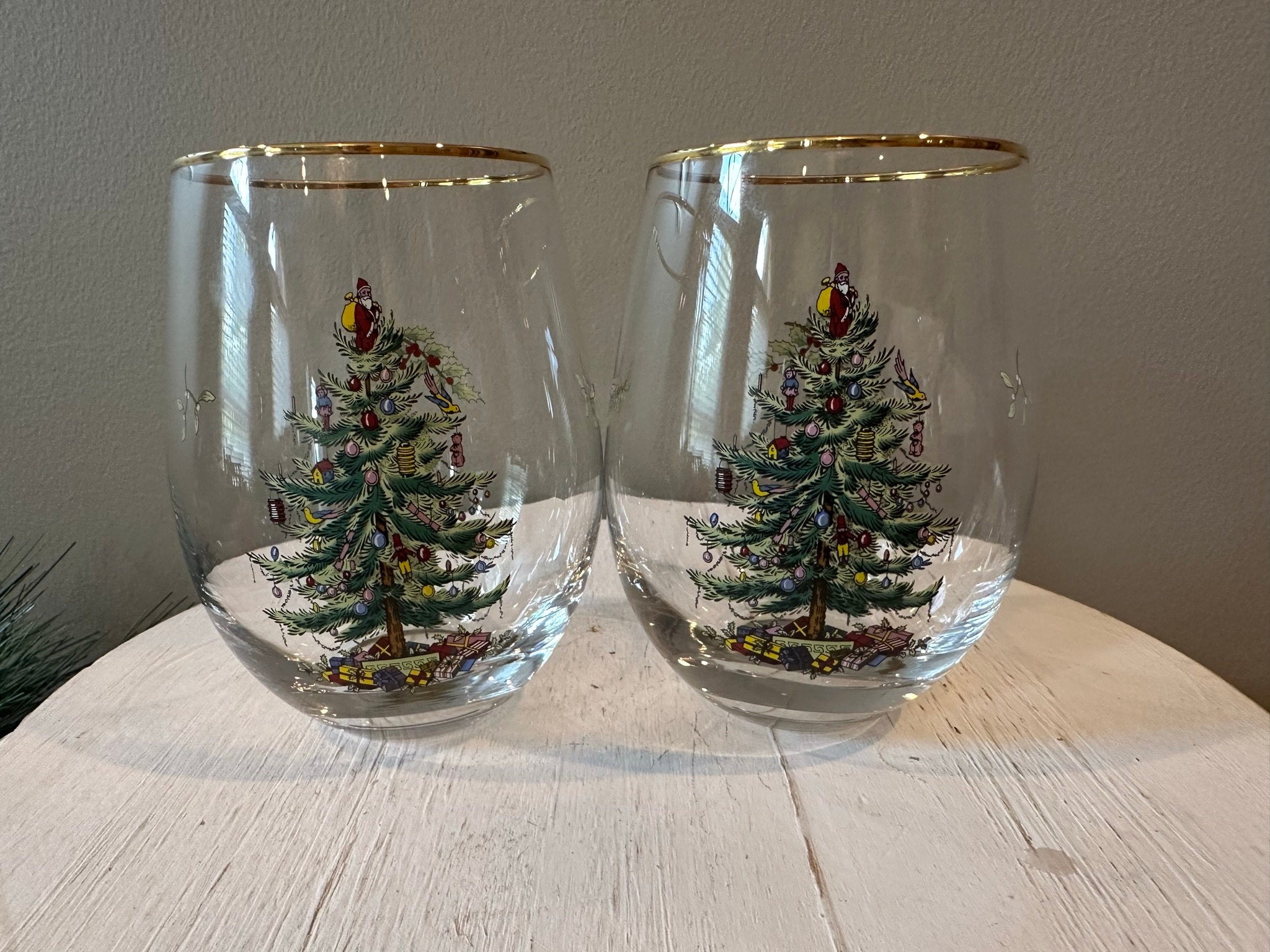 Spode Christmas Tree Stemless Wine Glasses Set of 2 16 