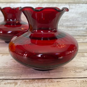 Vintage - Anchor Hocking - Bud Vase - Red Glass with Ruffled Rim - Set of 2