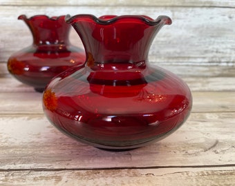 Vintage - Anchor Hocking - Bud Vase - Red Glass with Ruffled Rim - Set of 2