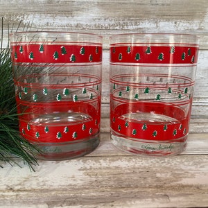 Georges Briard -  Red Striped/Green Tree - Christmas - Rocks Glasses - Set of 2 - 4&quot; tall - 12 oz. GORGEOUS