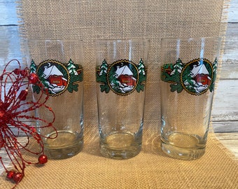 Christmas Glassware Tumblers - Red House with White Roof - Set of 3 - 16 oz. - 6 1/4" Tall