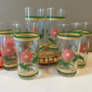 Vintage - Floral Tumbler - Blue and Pink Flowers - Set of 6 - 5 1/2&quot; Tall - 12 oz. - Great Vintage Condition!