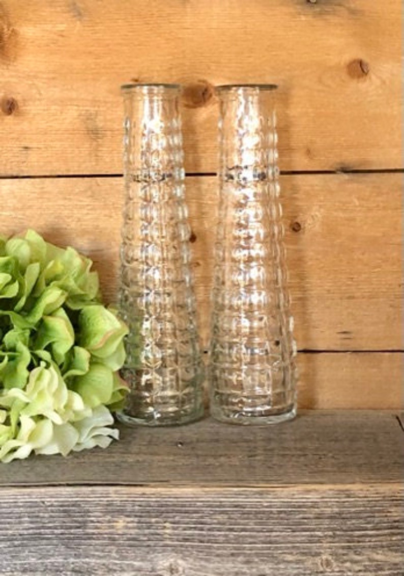 Set of 2 Waffle Square Pattern Vintage E O Brody Clear Glass Bud Vase