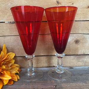 Red Water Goblets - Clear Stem - Set of 2 - 7 7/8&quot; Tall - 12 oz.