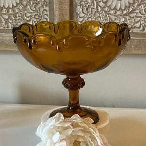 Indiana Glass Teardrop - Pedestal Compote/Candy Dish - Extra Large - Amber - 7 1/2&quot; Tall - 8 1/4&quot; Across Top