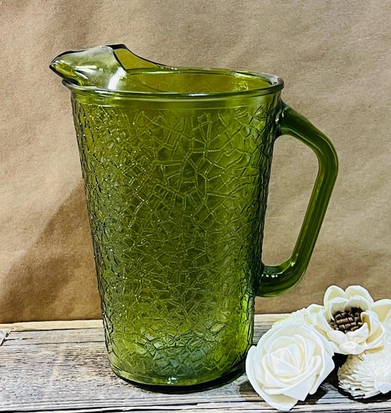 Anchor Hocking - Avocado Green - Crackle Glass Pitcher - 36oz. - 8