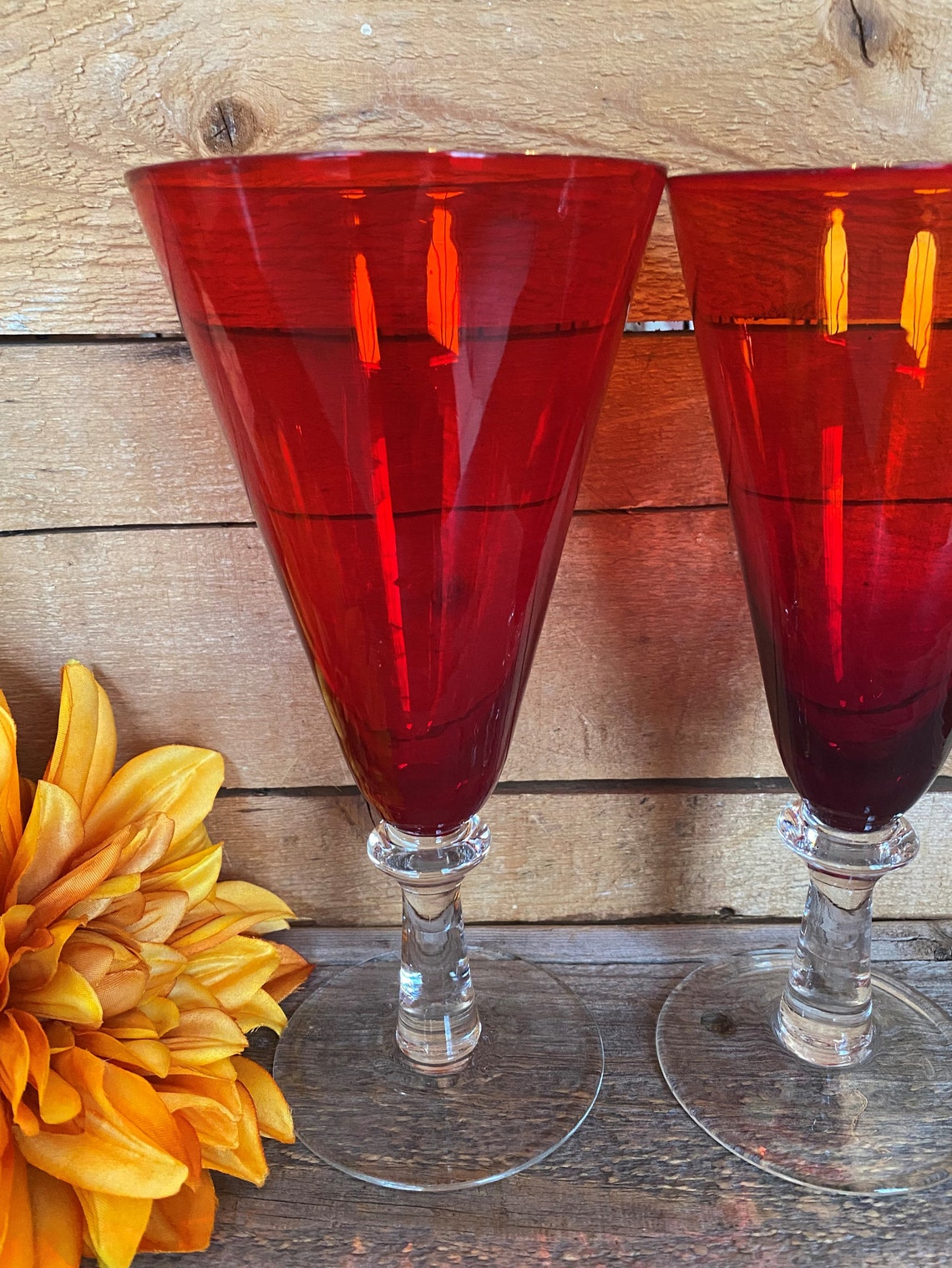 Red Water Goblets Clear Stem Set of 2 7 7/8 Tall Etsy