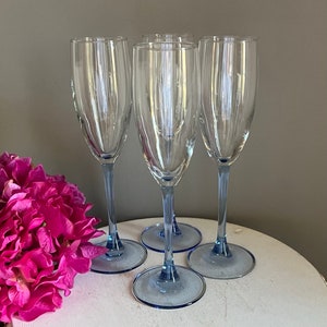CRISTAL D&#39;Arques-Durand - Azur Blue Champagne Flutes - Set of 4 - THREE Sets Available - 8 3/4&quot; Tall