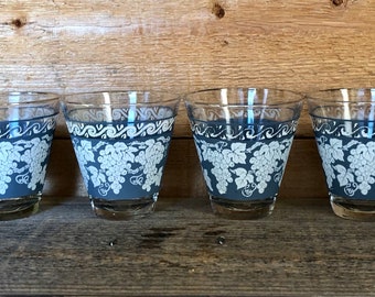 Vintage Hazel Atlas White Grapevine/Blue Wedgewood Shot Glasses - Set of 4