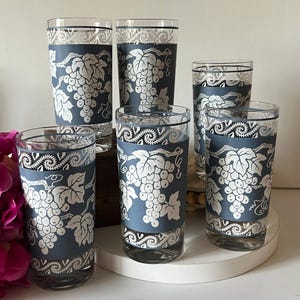 Vintage Hazel Atlas Highball Glasses - Blue/White Grapes and Leaves - Set of 6 - 5 3/4&quot; Tall