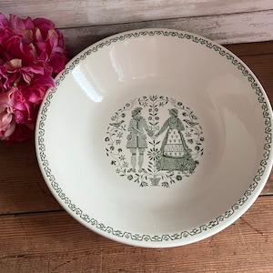 Vintage Royal China Co. - Sebring Ohio - Ivory Bowl - Green Cross Stitch Couple - 11 3/4&quot; Diameter - 2 3/4 Tall - 2 Available