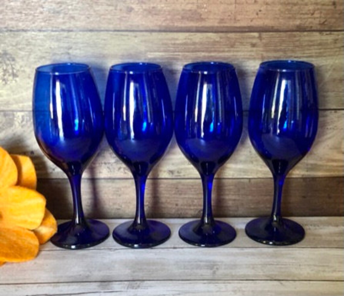 Libbey Cobalt Blue Wine Glasses Set of 4 8 Tall Etsy
