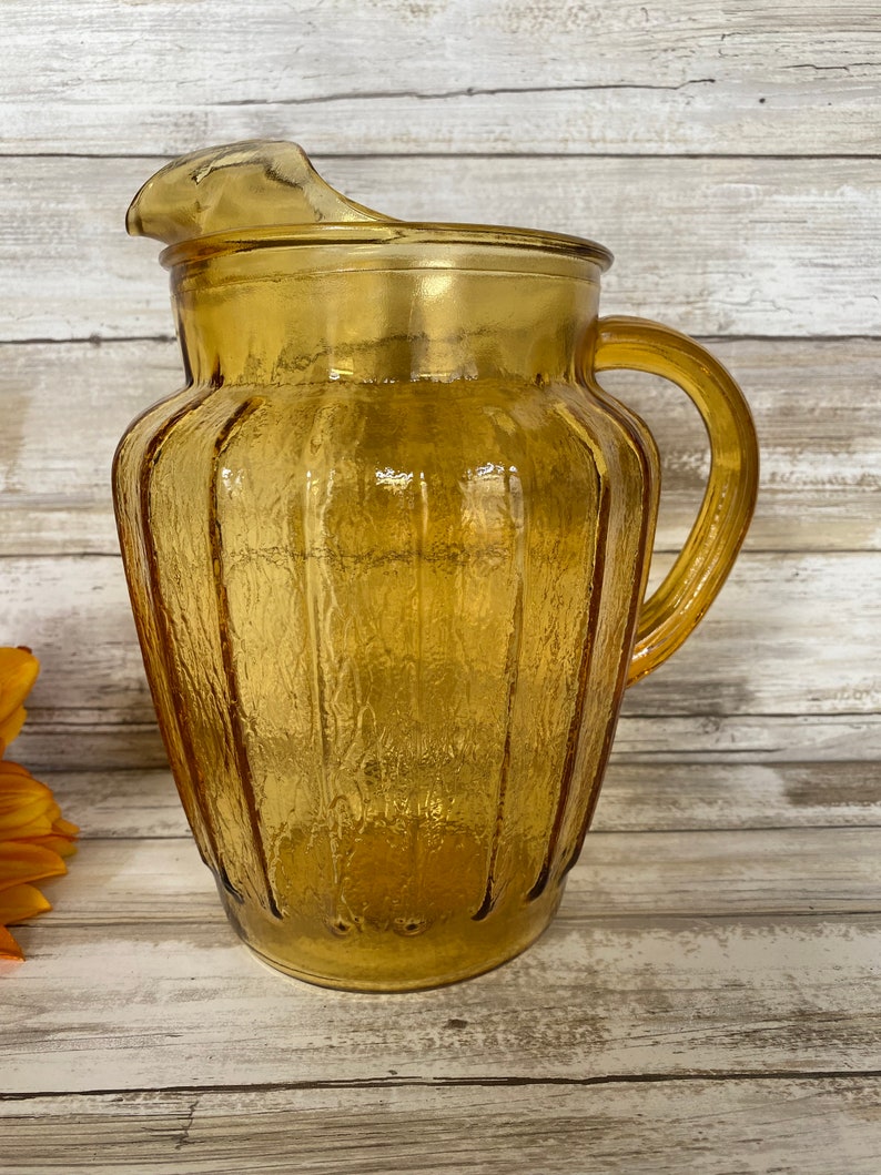 Vintage Pressed Glass Amber Depression Glass PITCHER Etsy