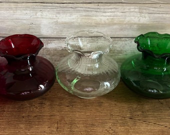 Mismatched - Bud Vases - Green/Red/Clear Glass with Ruffled Rim - Set of 3 - 3 1/2" Tall