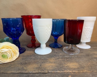 Happy Birthday USA! Mismatched RWB Stemmed Goblets - Set of 6 - Average Height is 5 1/2" - Excellent Condition.