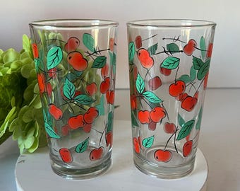 Indonesia - Cherry/Leaf Tumblers - Set of 2 - Red Cherries - Green Leaves - 5 1/2" - 12oz.