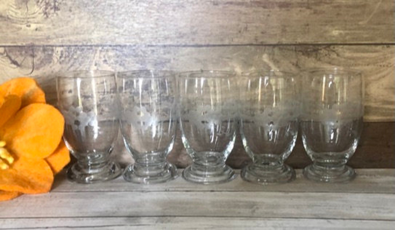 Etched Clear Glass Footed Juice Glasses Flower Vine Set of Etsy
