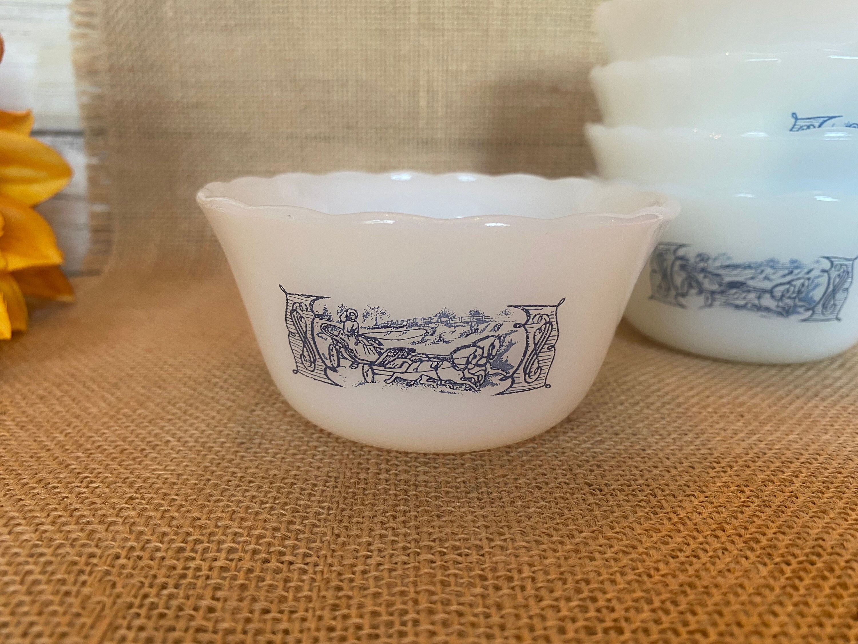 VINTAGE Marcrest Milk Glass Currier & Ives Custard Cups Set Of 4  Country Kitchen