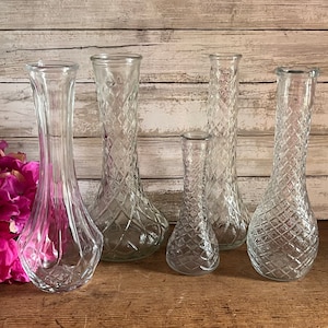 Mismatched Clear Glass Bud Vases - Diamond Cut - Set of 5 - Average - 9&quot; - 6&quot; Tall