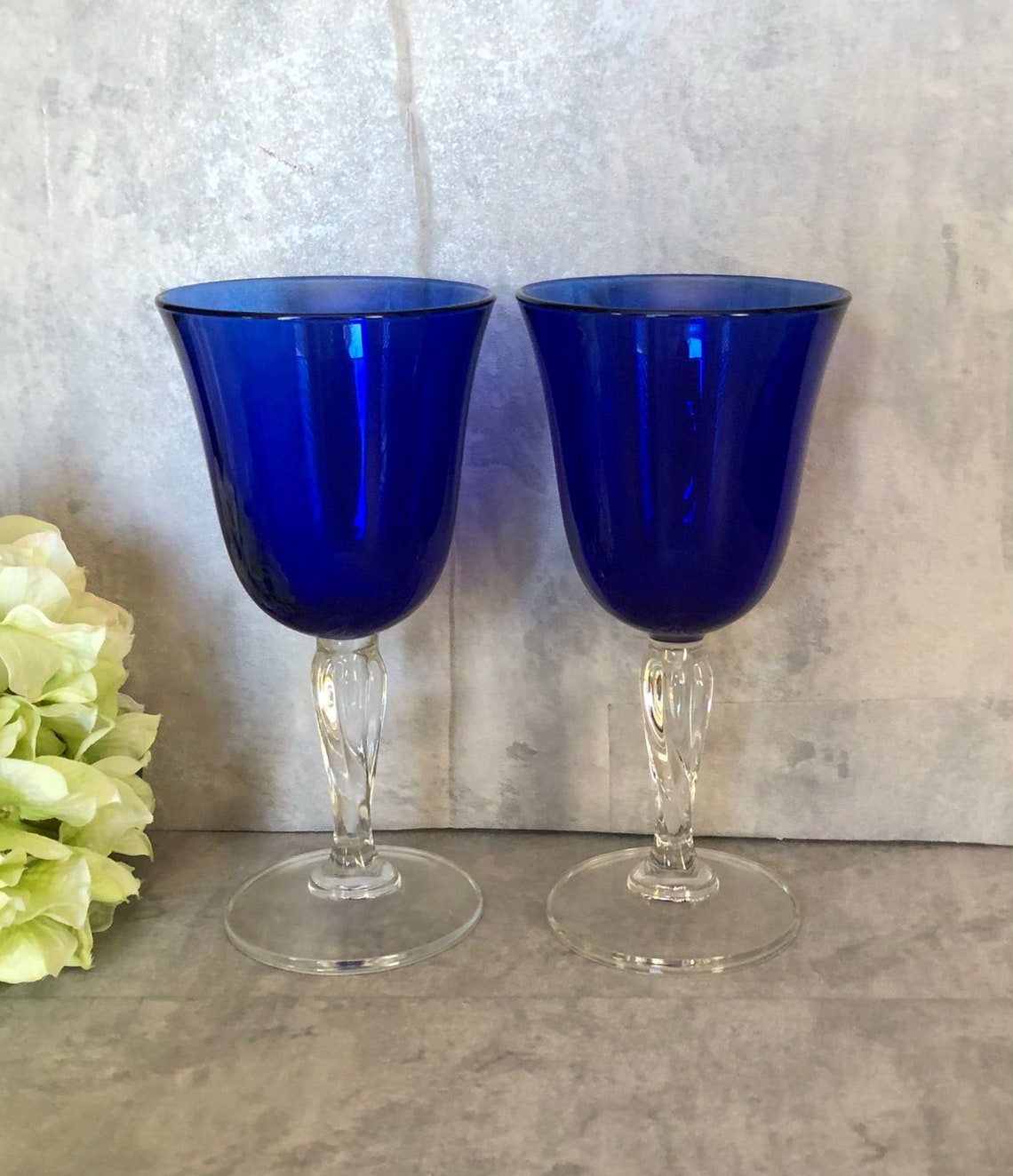 Cobalt Blue Bowl and Twisted Swirled Stem Wine Glasses Set Etsy