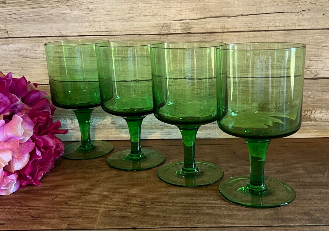 Green Blown Glass Stemmed Water Goblets Set of 4 THREE Etsy