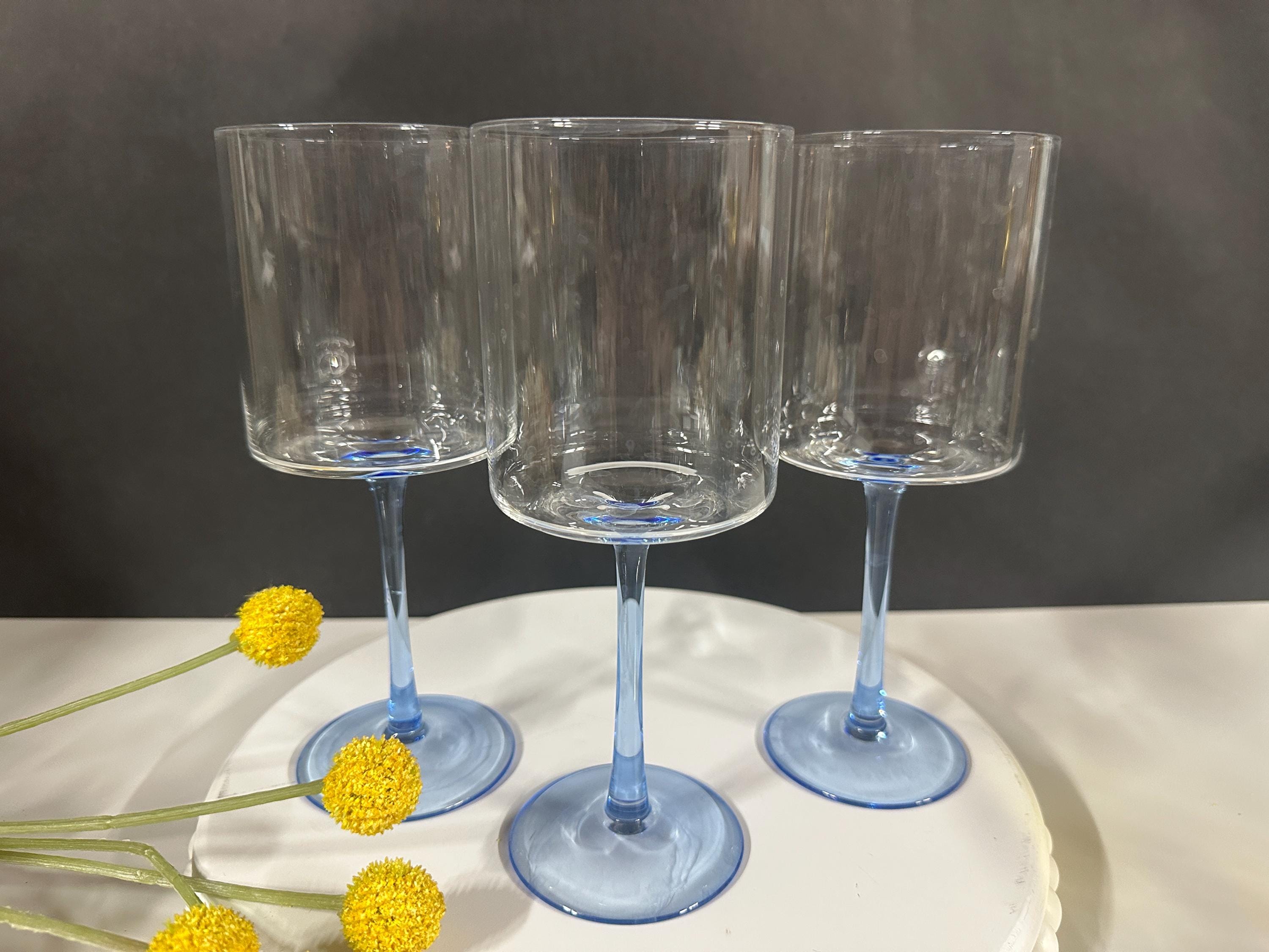 Wine Glass - MCM - Light Blue Stem/Clear Square Bowl - Set of 3 - 8 1/2"  Tall - 16 oz. - Retro! - Excellent Condition!
