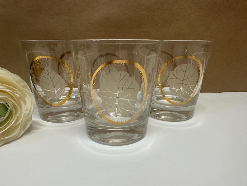 MCM - Low Ball - Rocks Glasses - Gold With White Leaves - Unmarked ...