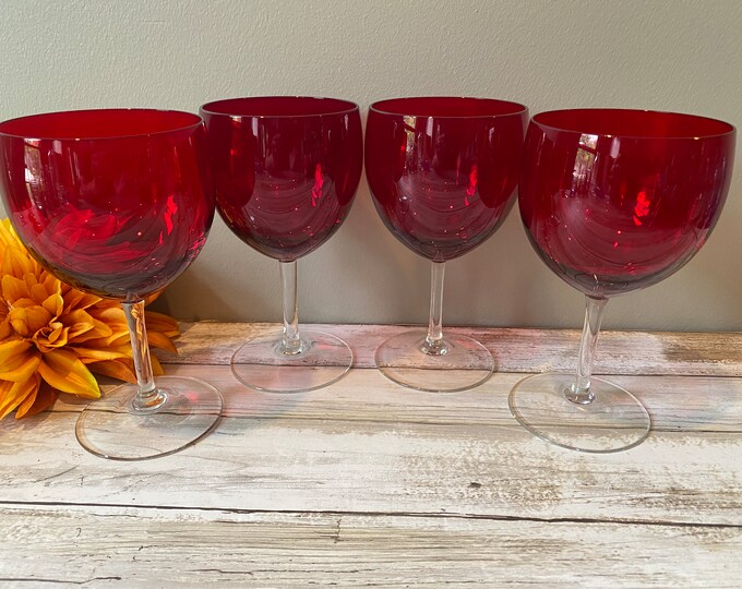 Balloon Red Wine Glasses Red Bowl Clear Stem Set of 4 6 3/8 Tall 12 Oz