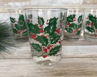 Holly Berry - Clear Heavy Bottom - Old Fashioned Glasses - Set of 5 - 4 3/8" Tall - 16 oz.