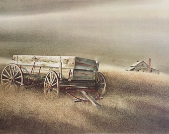 My Wagon. Rustic farm field scene. Farmhouse.