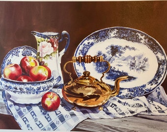 Cherished Treasures - still life apples, flow blue dinnerware, copper pot.