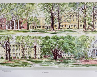 USC Horseshoe III - one of two sides of the iconic center campus. Image contains two rows of buildings, labeled.