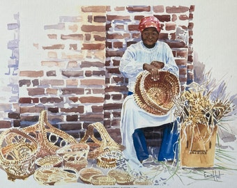 Charleston Basket Lady. Gullah sweetgrass basket weaving