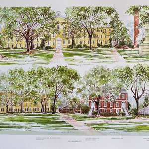 USC Horseshoe IV - one of two sides of the iconic center campus. Image contains two rows of buildings, labeled.