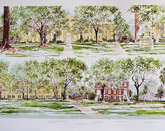 USC Horseshoe IV - one of two sides of the iconic center campus. Image contains two rows of buildings, labeled.