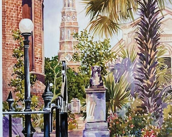 May include: Watercolor painting of a brick building with a tall steeple in the background. A black wrought iron gate is in the foreground, with a lamppost and a statue in the middle ground. The scene is set in a park with palm trees and lush greenery.