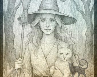 Página para colorear de la Bruja del Bosque: Escala de grises y sello digital de arte lineal (Descarga PDF)